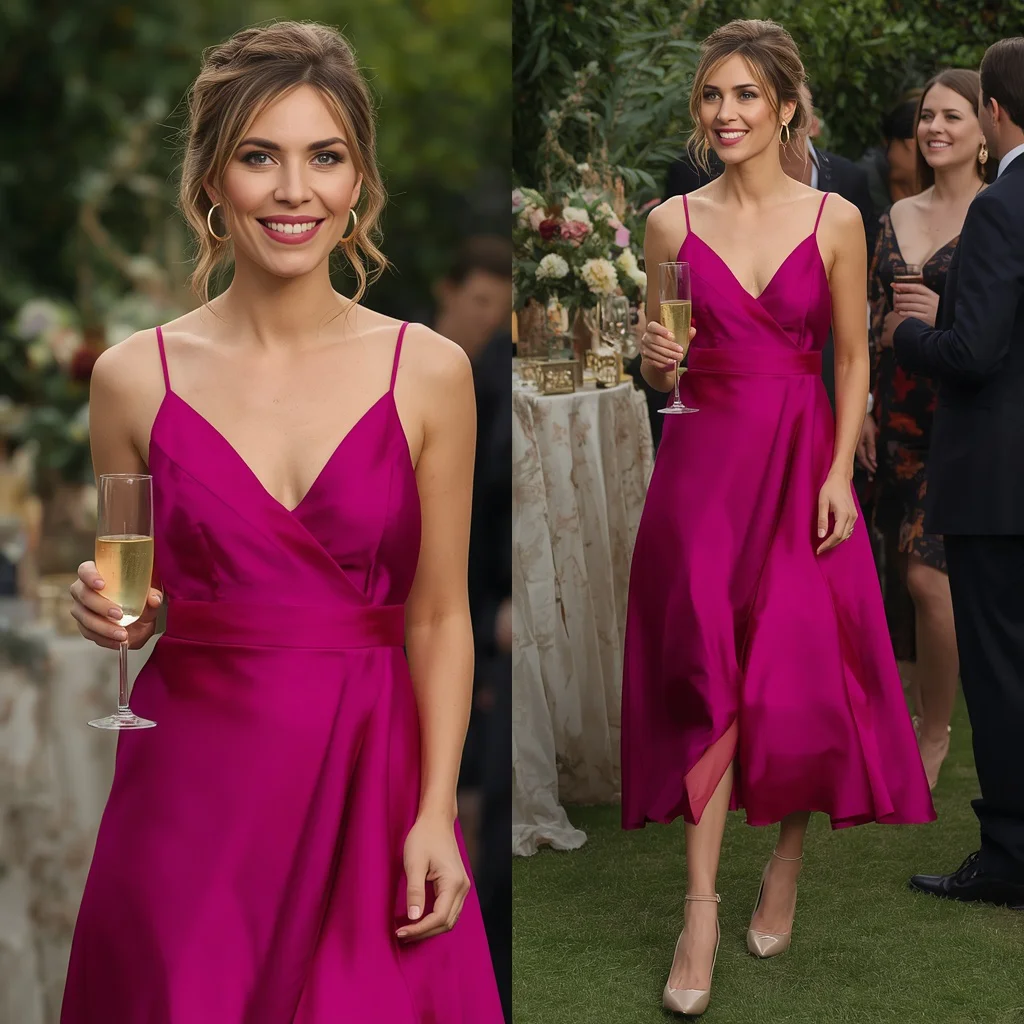 Sophisticated Party Wear: A Vibrant Fuchsia Silk Midi Dress | instagram girl gemini prompt