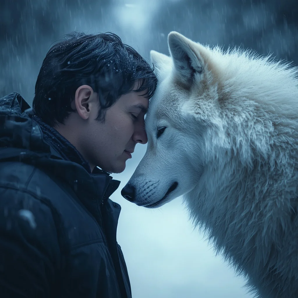 Soulful Bond: A Man and White Wolf in a Snowy Forest | gemini ai prompt copy paste