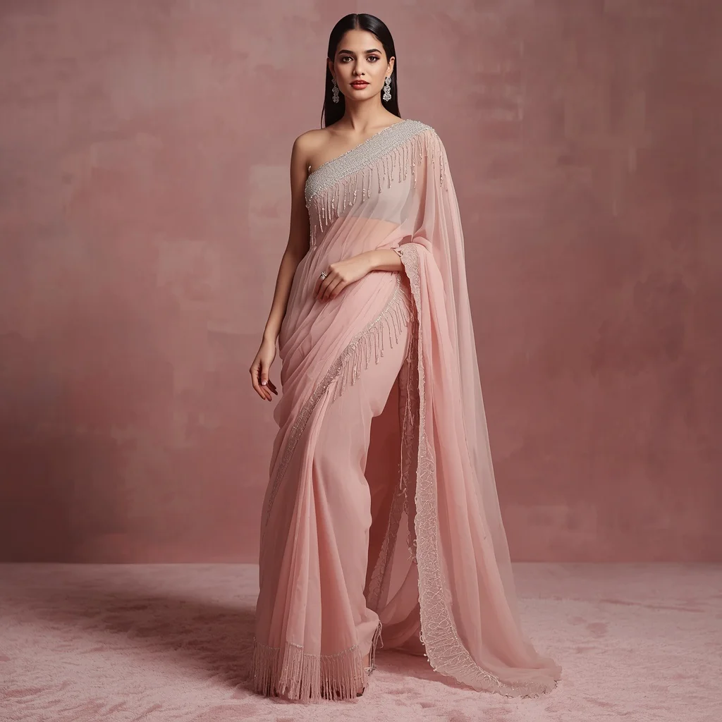 Special Draped Saree Gown with Crystal Fringe Details | prompt for traditional look for girl chatgpt instagram