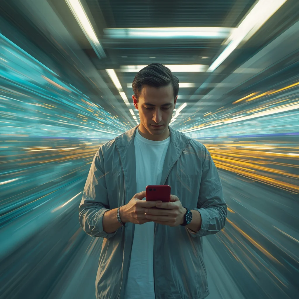 Speed-Light Overlap: Man and His Red Smartphone in Motion | cute prompt for instagram
