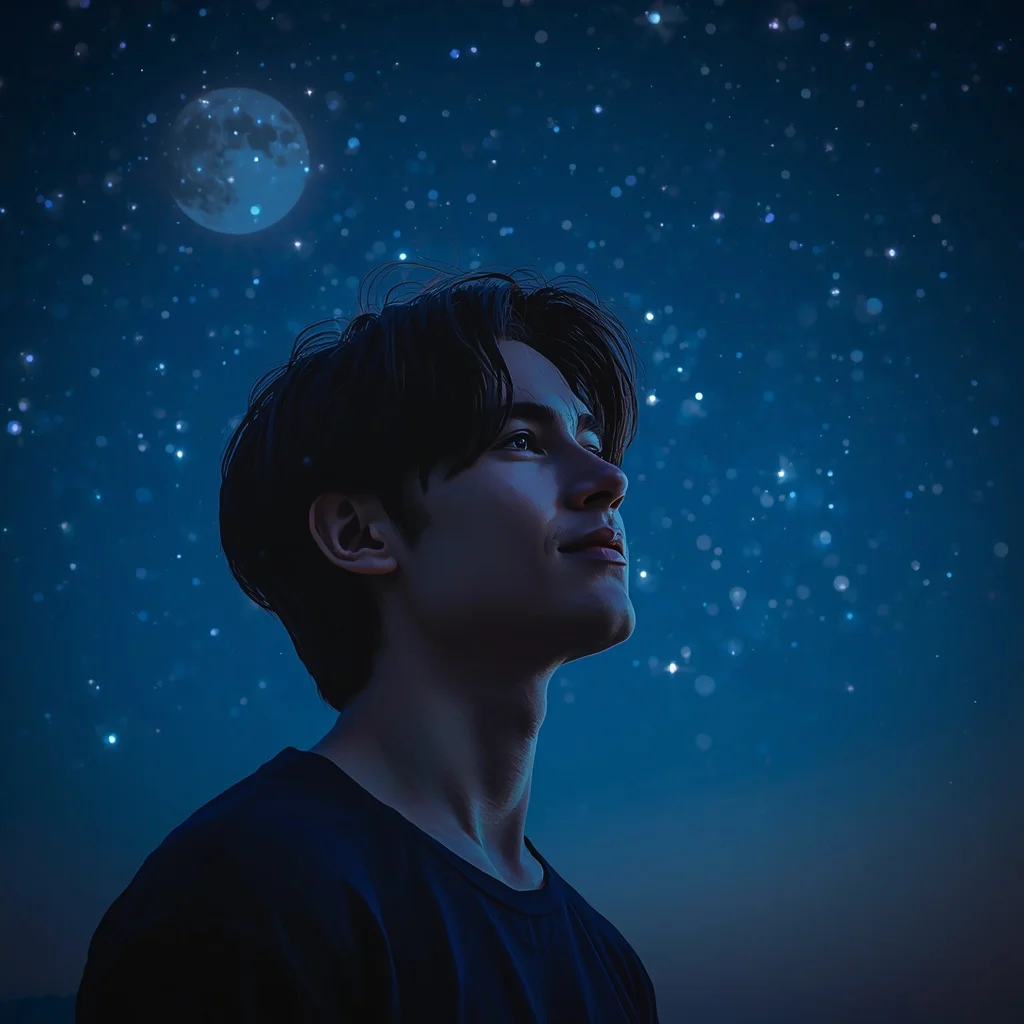 Starry Night Gaze: Looking Right (Man’s Lockscreen) | modern ai prompt