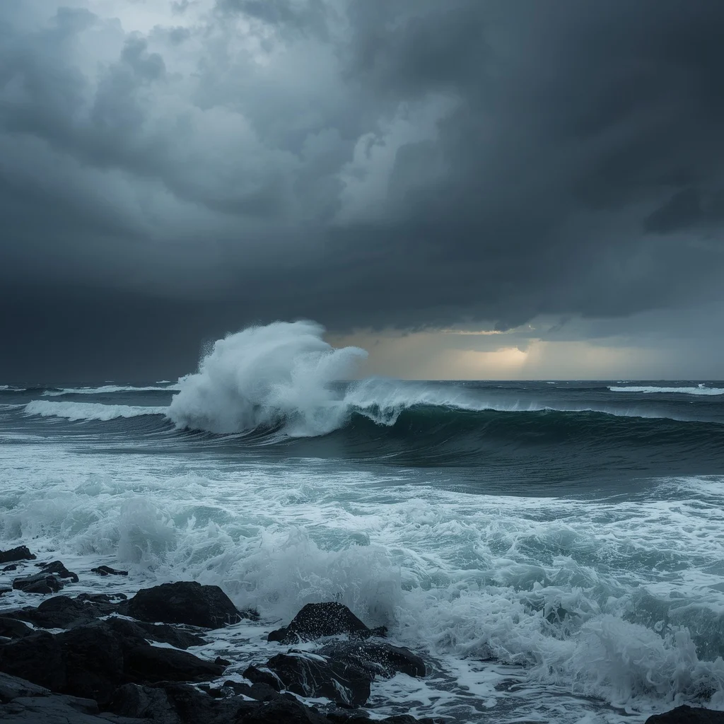 Stormy Ocean Majesty: Dramatic Waves and Dark Clouds | prompt copy paste
