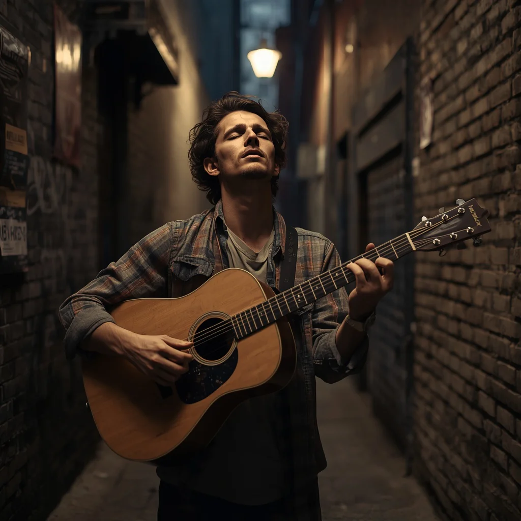 Street Musician’s Soul: A Man Playing Guitar in an Alley | Trending prompt for men