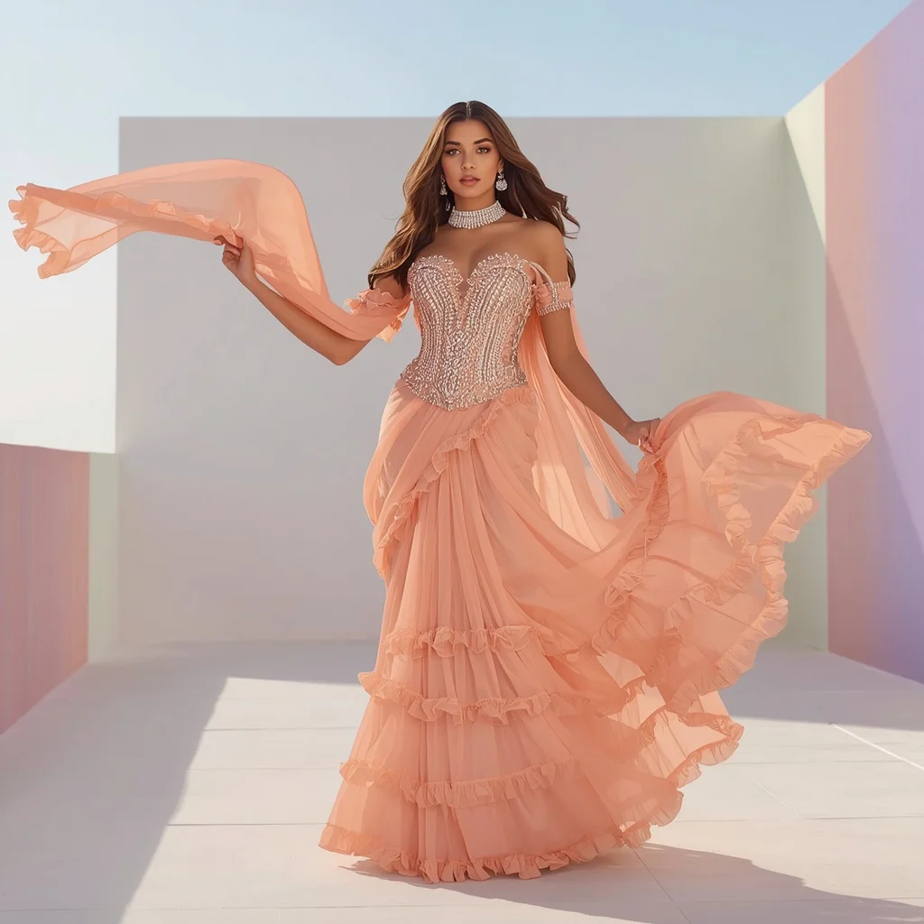 Stunning Full-Body Portrait: Fashion Model in Peach Ruffle Saree Glamour | Full-body Portrait Fashion