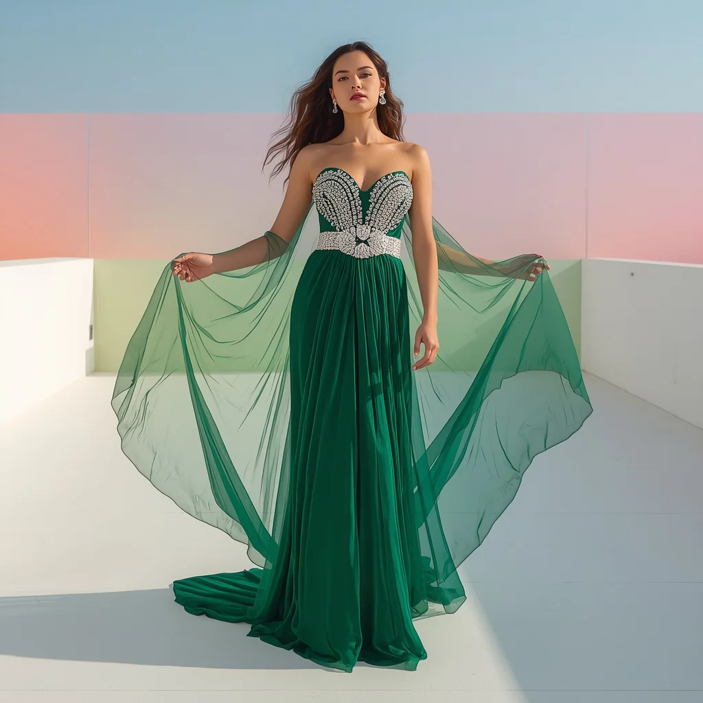 Stunning Full Body Portrait of Emerald Green Slip Gown Dress | Full-body Portrait Fashion