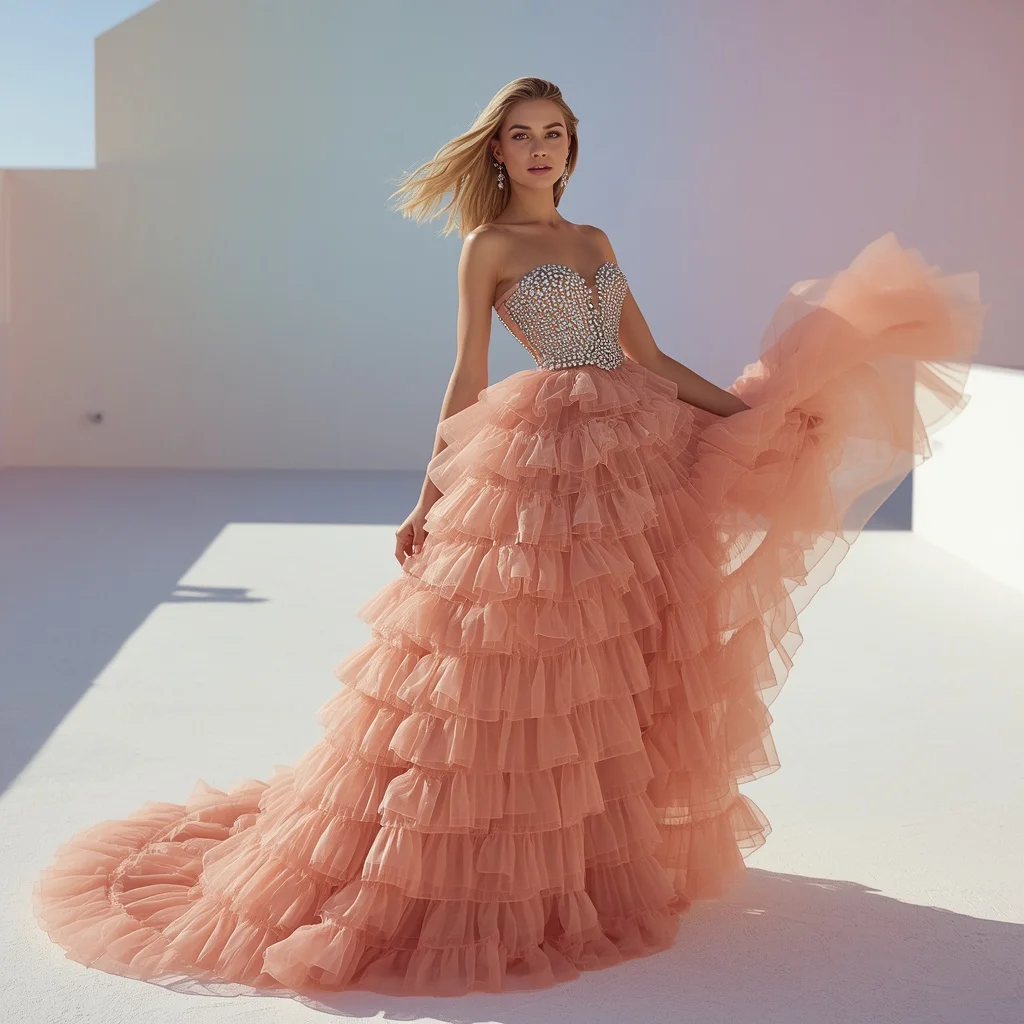 Stunning Full Body Portrait of Peach Ruffle Evening Dress | Full-body Portrait Fashion