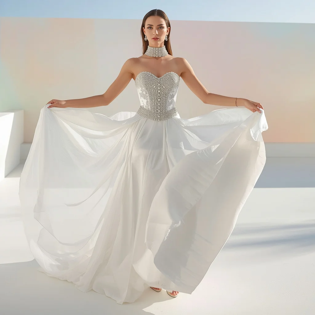 Stunning Full Body Portrait of White Silk Evening Gown | Full-body Portrait Fashion
