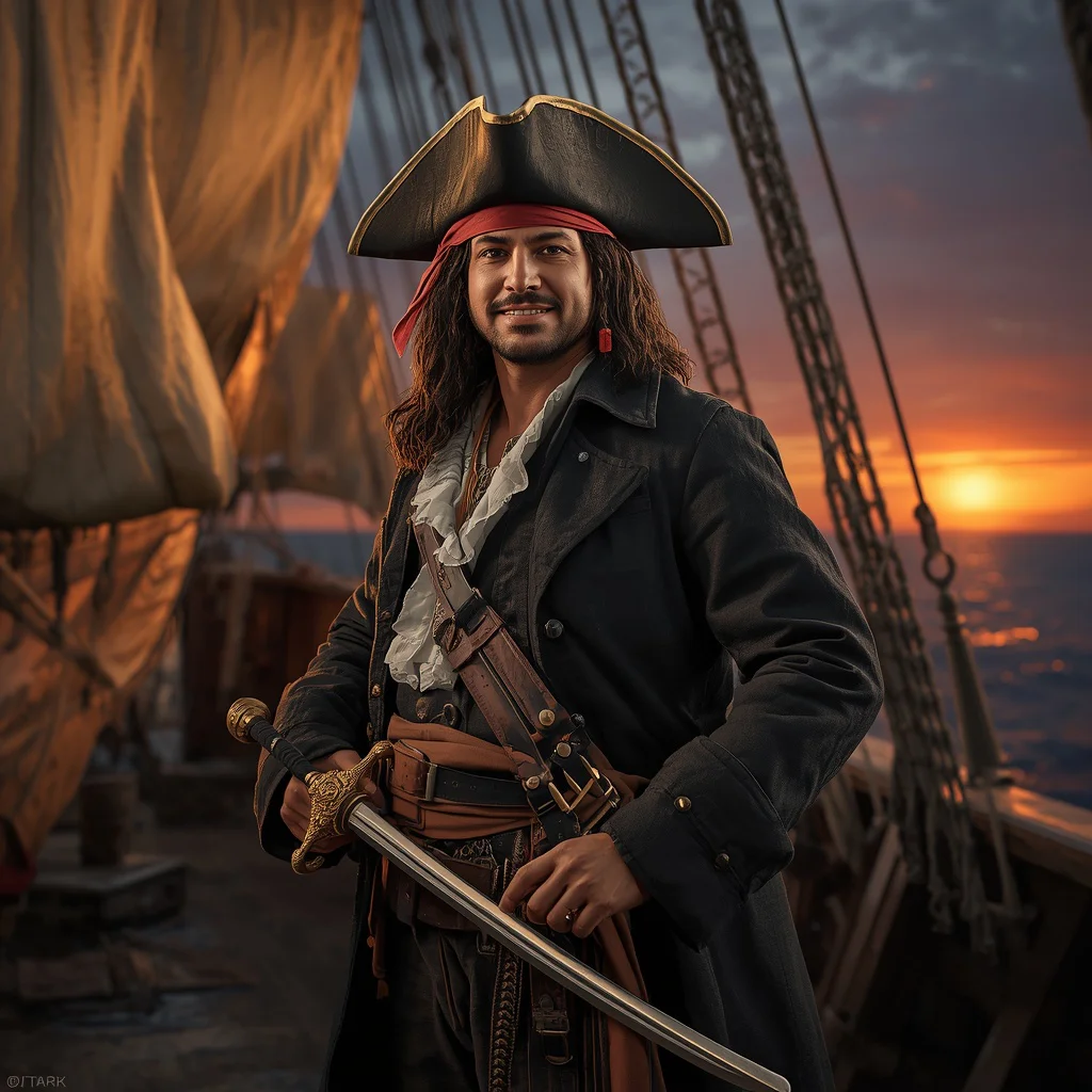 Swashbuckling Pirate Captain: On Deck of a Galleon at Sunset | ChatGPT photo editing prompts