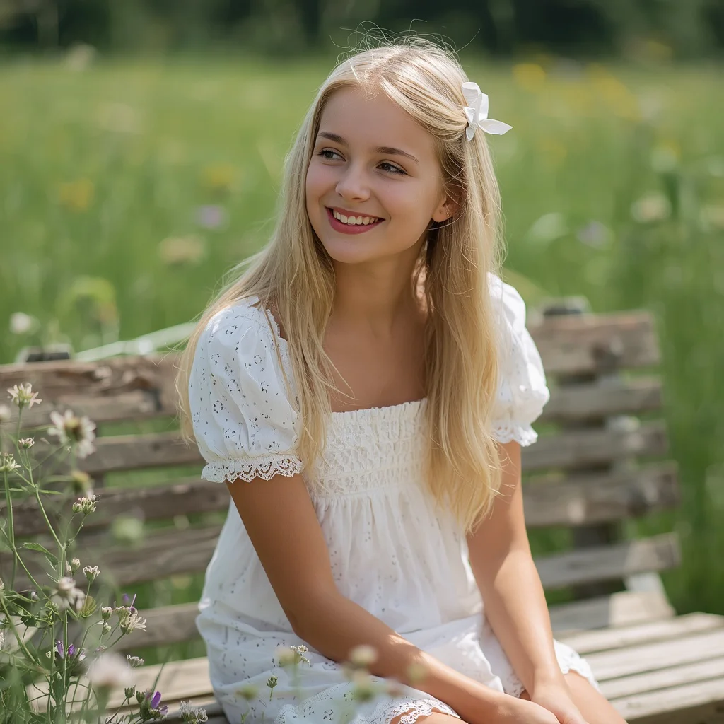 Sweet White Eyelet Sundress for a Summer Countryside Day | Charming 20-year-old Girl