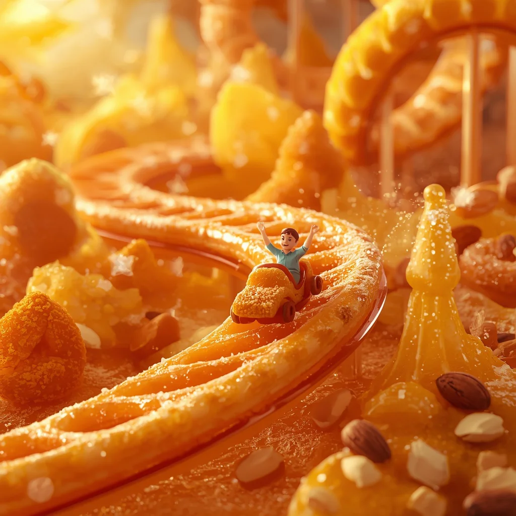 Thrilling Jalebi Roller Coaster Ride in a Sugary Fantasy Landscape | Free Image Prompt