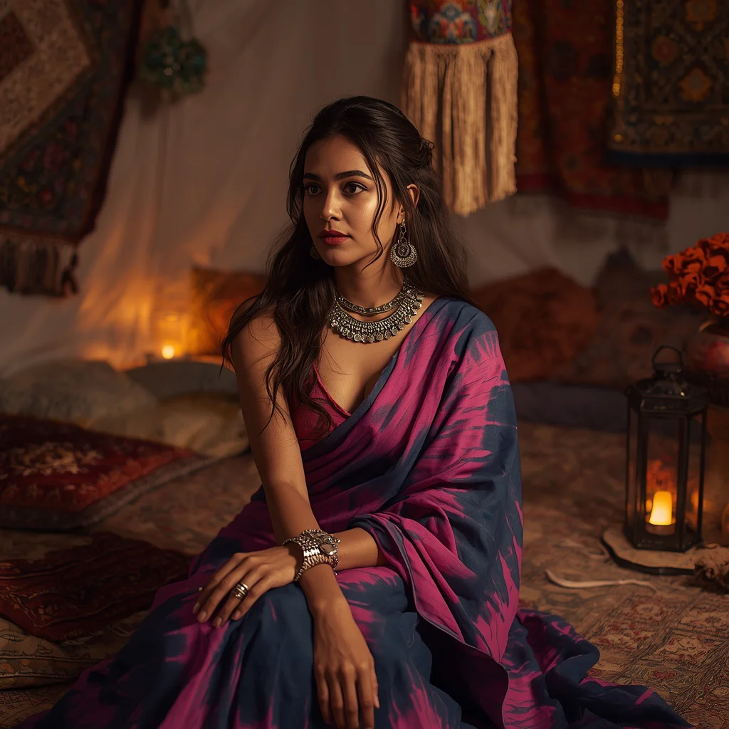Tie-Dye Saree with Tribal Jewelry in Bohemian Tent Scene | prompt for gemini ai girl in saree 2026 in english