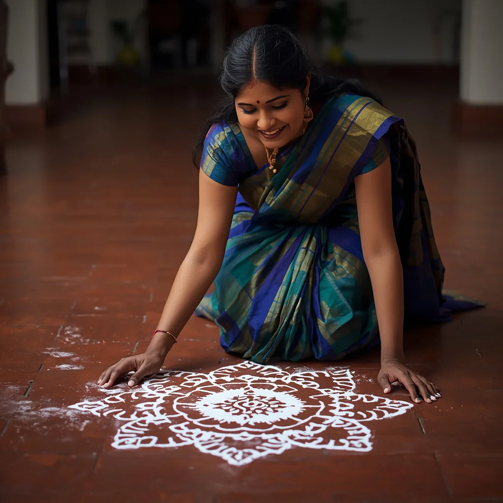 Traditional Kolam Art: Focused Creation in a Courtyard | prompt for Gemini AI look