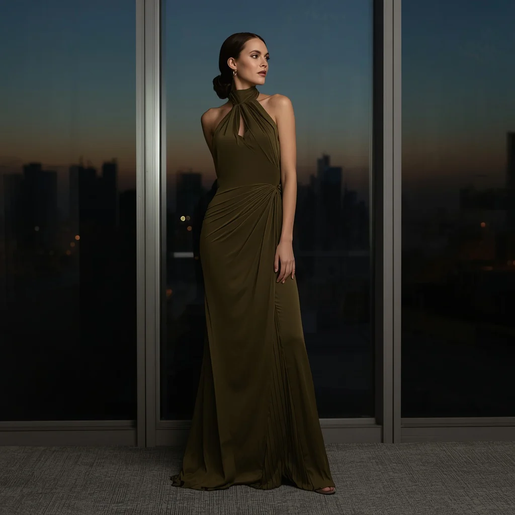 Understated Elegance: A Woman in a Draped Jersey Gown with Architectural Lines | instagram carousel ai prompt
