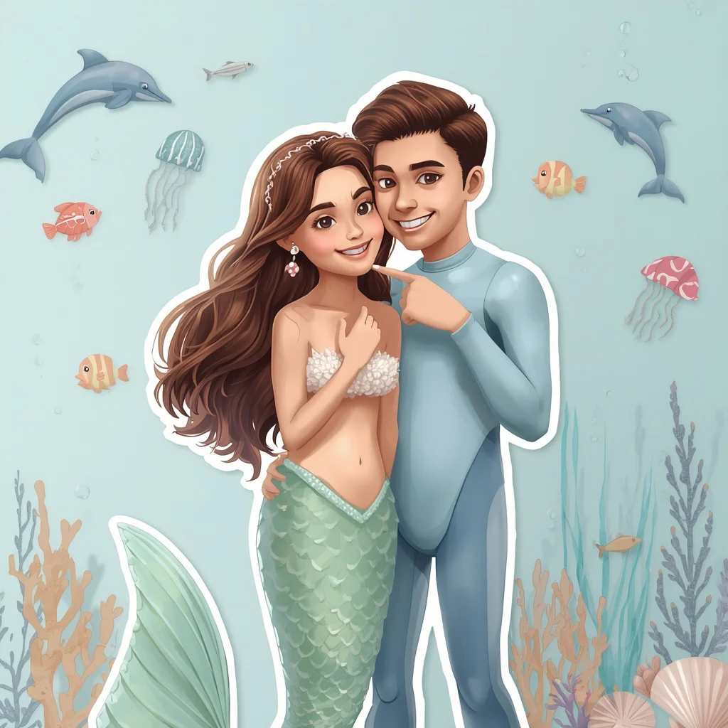 Underwater Dream Pastel Sticker Art Couple with Marine Life | Chat GPT prompt for couple photo Editing