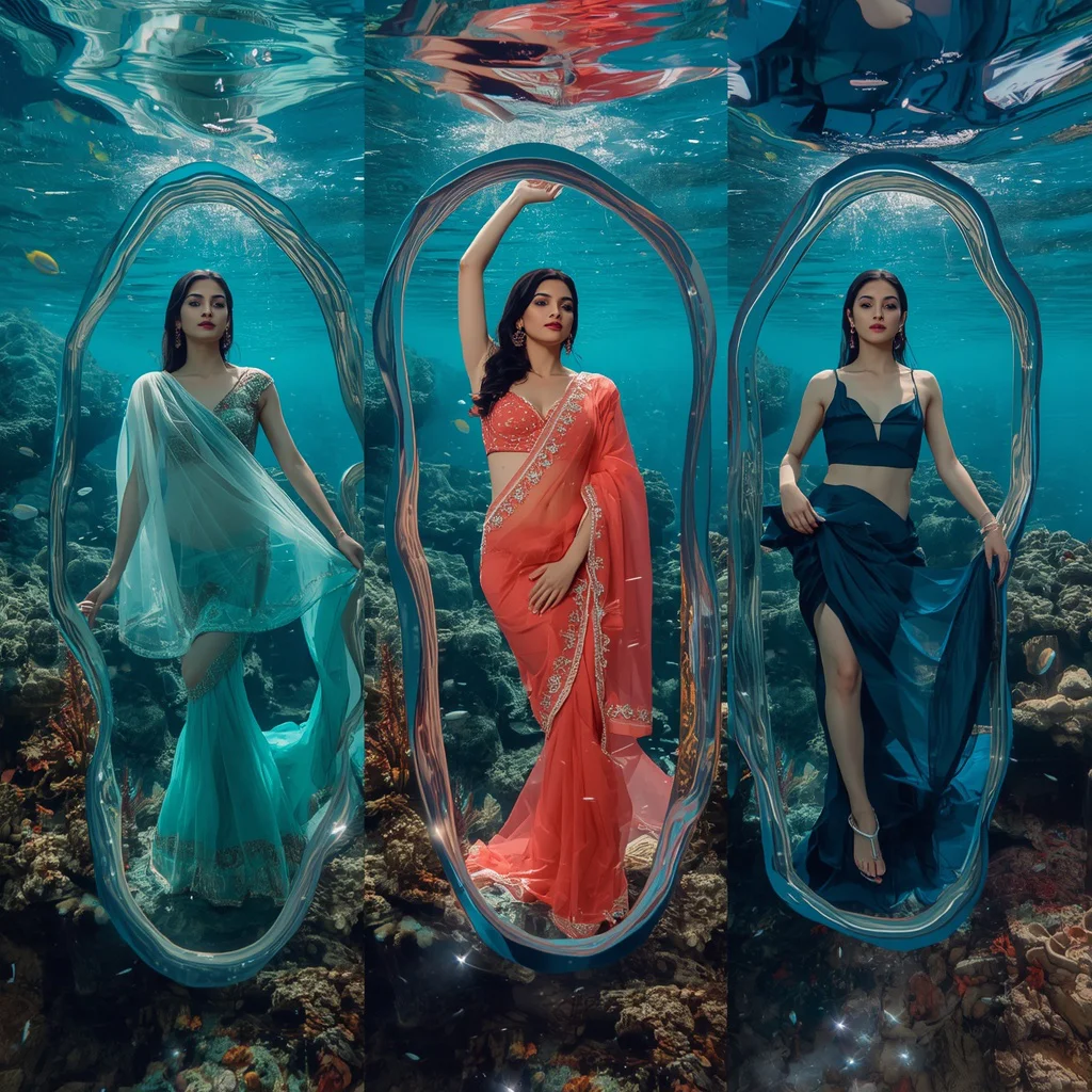 Underwater Serenity Collage: Indian Woman in Flowing Oceanic Fabrics | Ethereal Underwater Collage