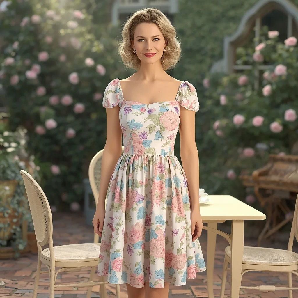 Vintage-Inspired Floral Tea Dress for a Charming Afternoon Gathering | hd image prompt