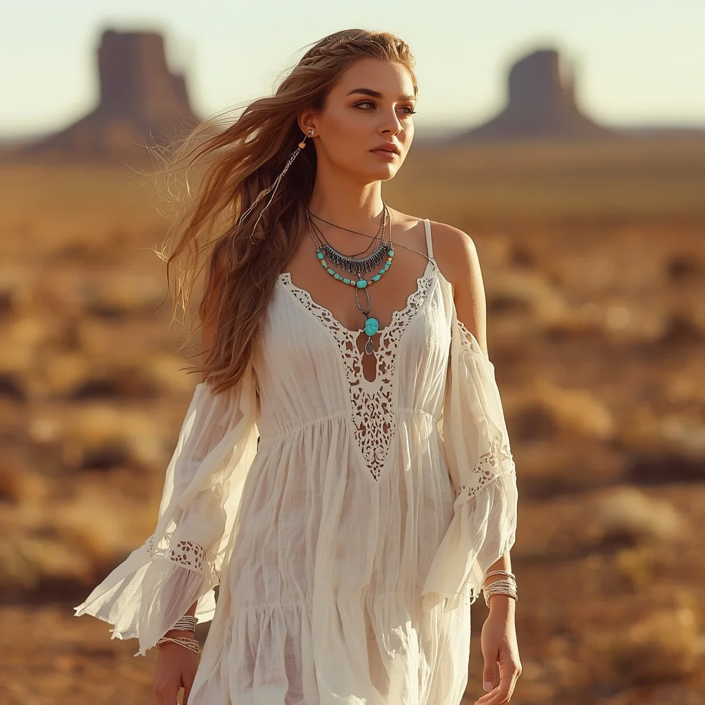 Western Desert Princess: Flowing White Boho Dress with Turquoise Jewelry | stable diffusion prompt