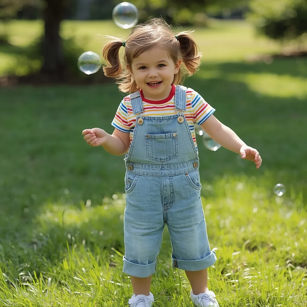Western Dress for Girls: A Denim Overalls with Striped Tee | Aesthetic Photo Prompt