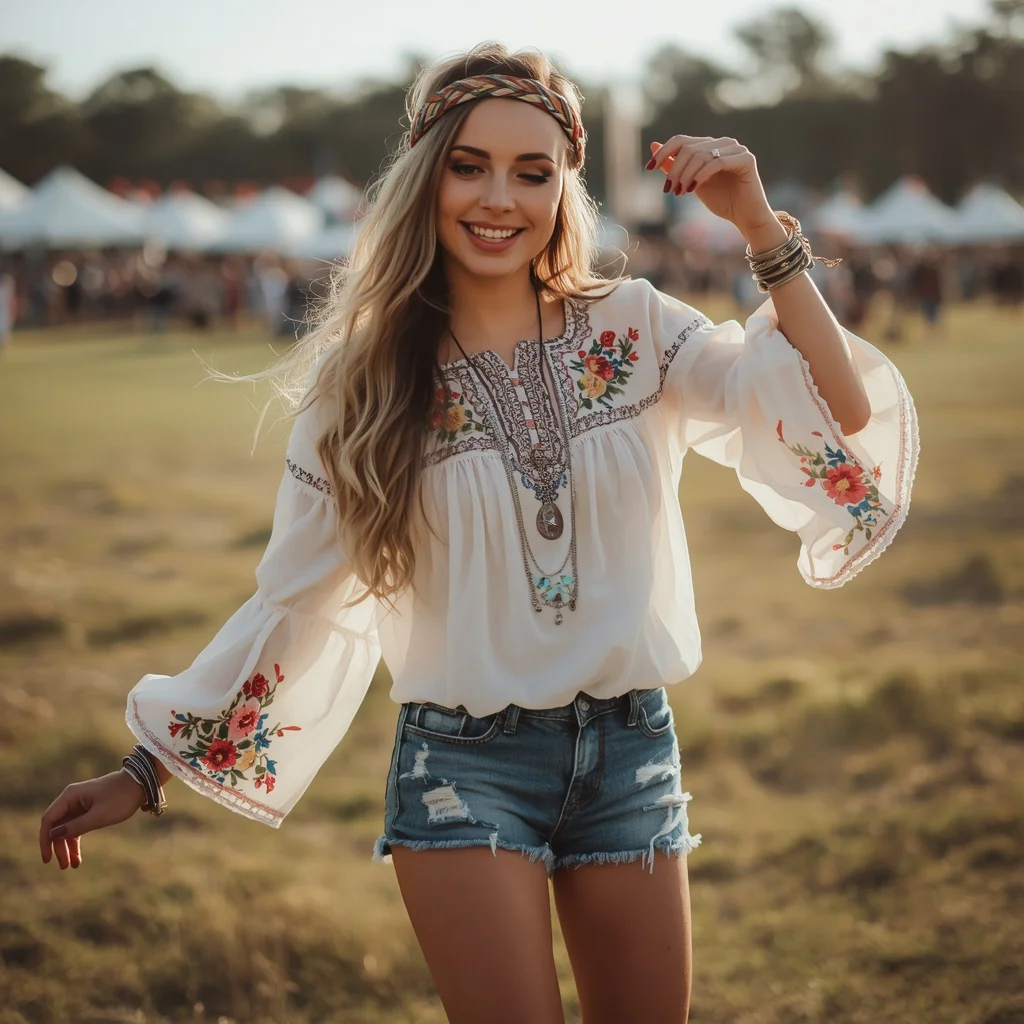 Western Festival Fashion: Denim Shorts with Embroidered Peasant Top | influencer ai prompt