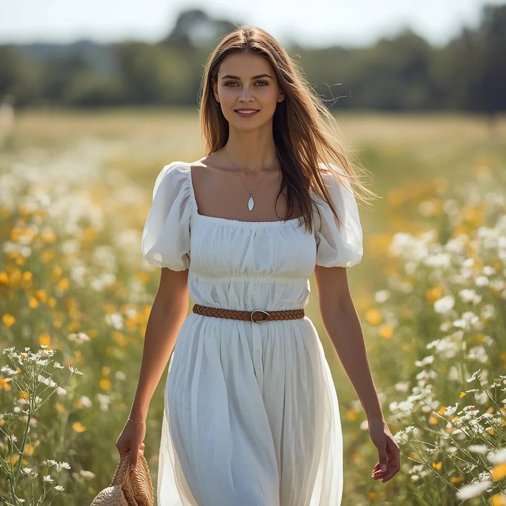 Western Style White Cotton Maxi Dress with Belt | Prompt seen girl photo editing trending