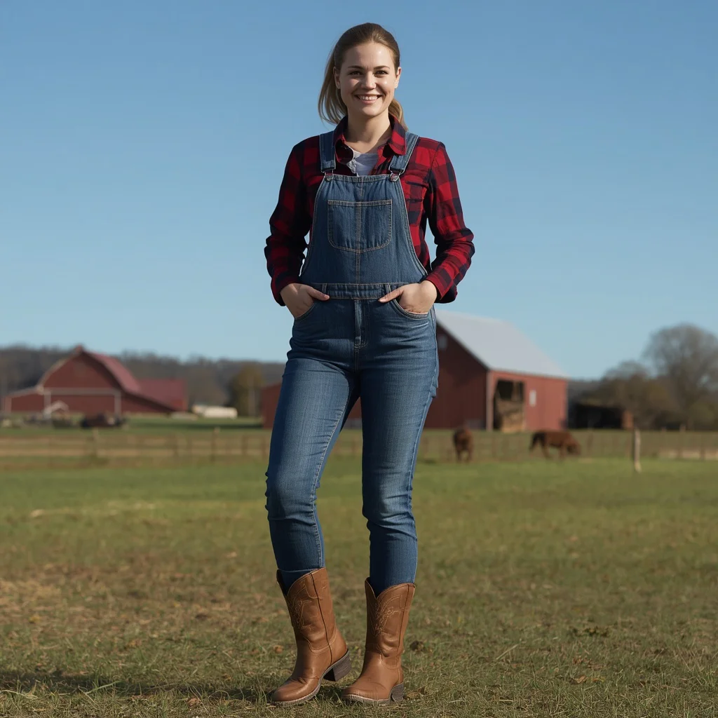 Western Themed Denim Overalls and Plaid Shirt for Farm Chic | Prompt seen Girls AI photo editing