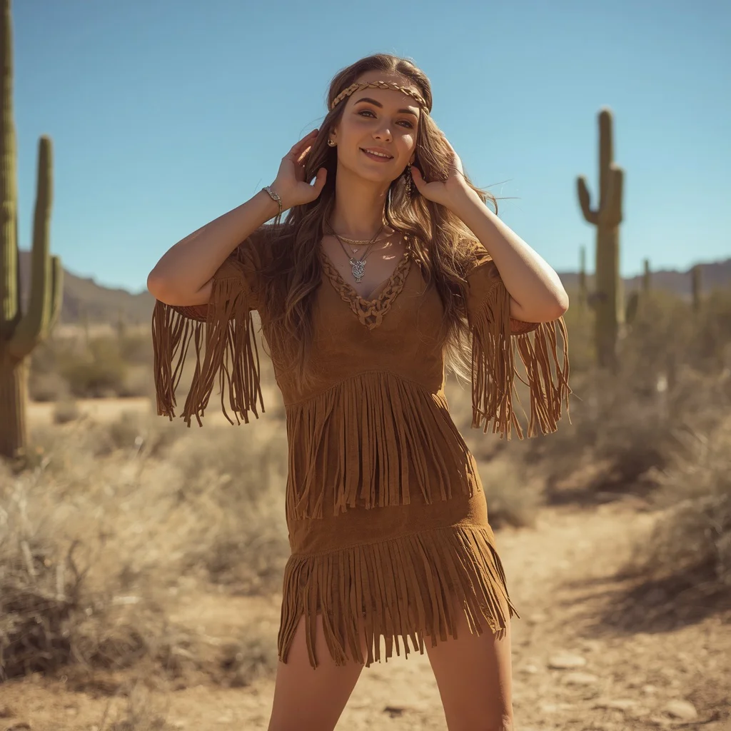 Western Themed Fashion: A Bohemian Fringe Suede Dress | Prompt for gemini ai girl model instagram