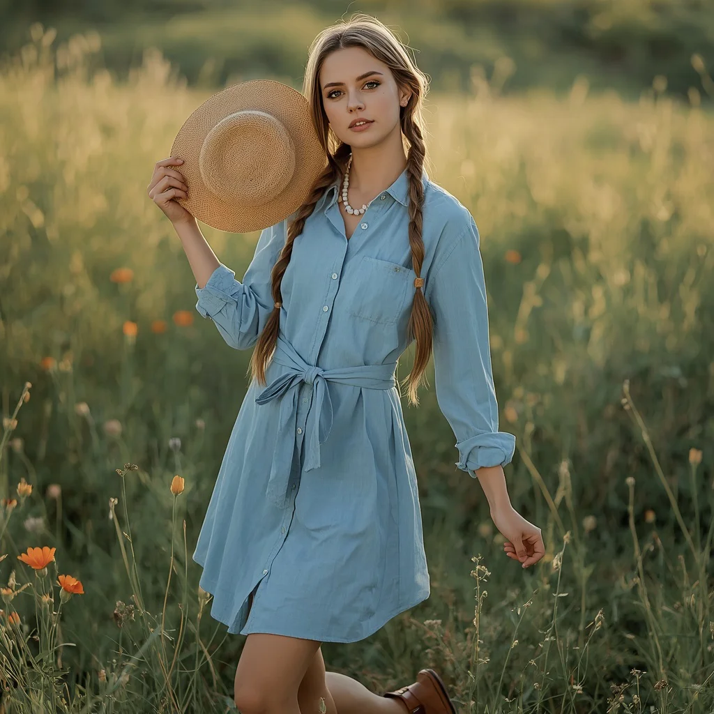 Western Themed Fashion: A Chambray Shirt Dress with Belt | secret ai prompt