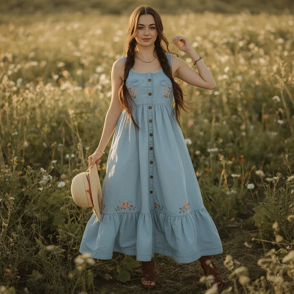 Western Themed Fashion: A Denim Maxi Dress with Embroidery | chatgpt prompt
