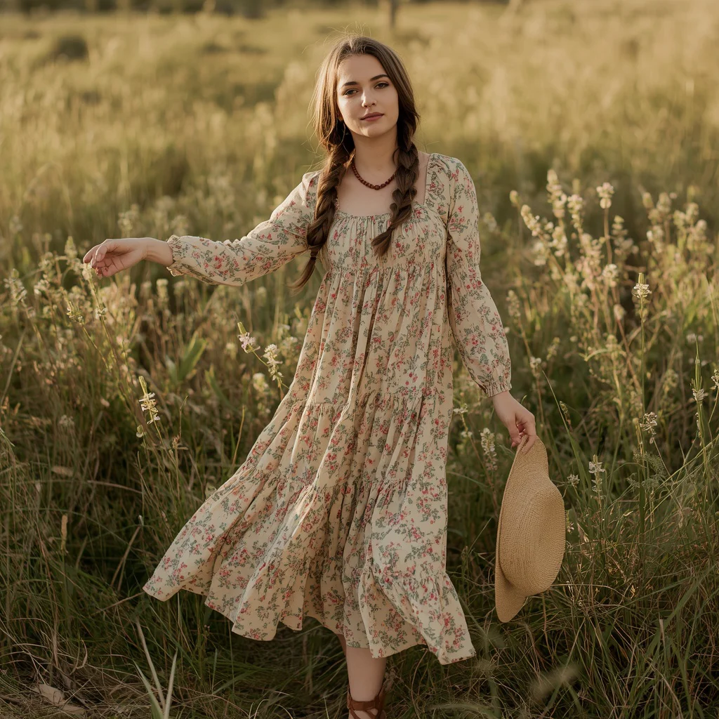 Western Themed Fashion: A Floral Print Prairie Dress | Prompt trending girl 2026