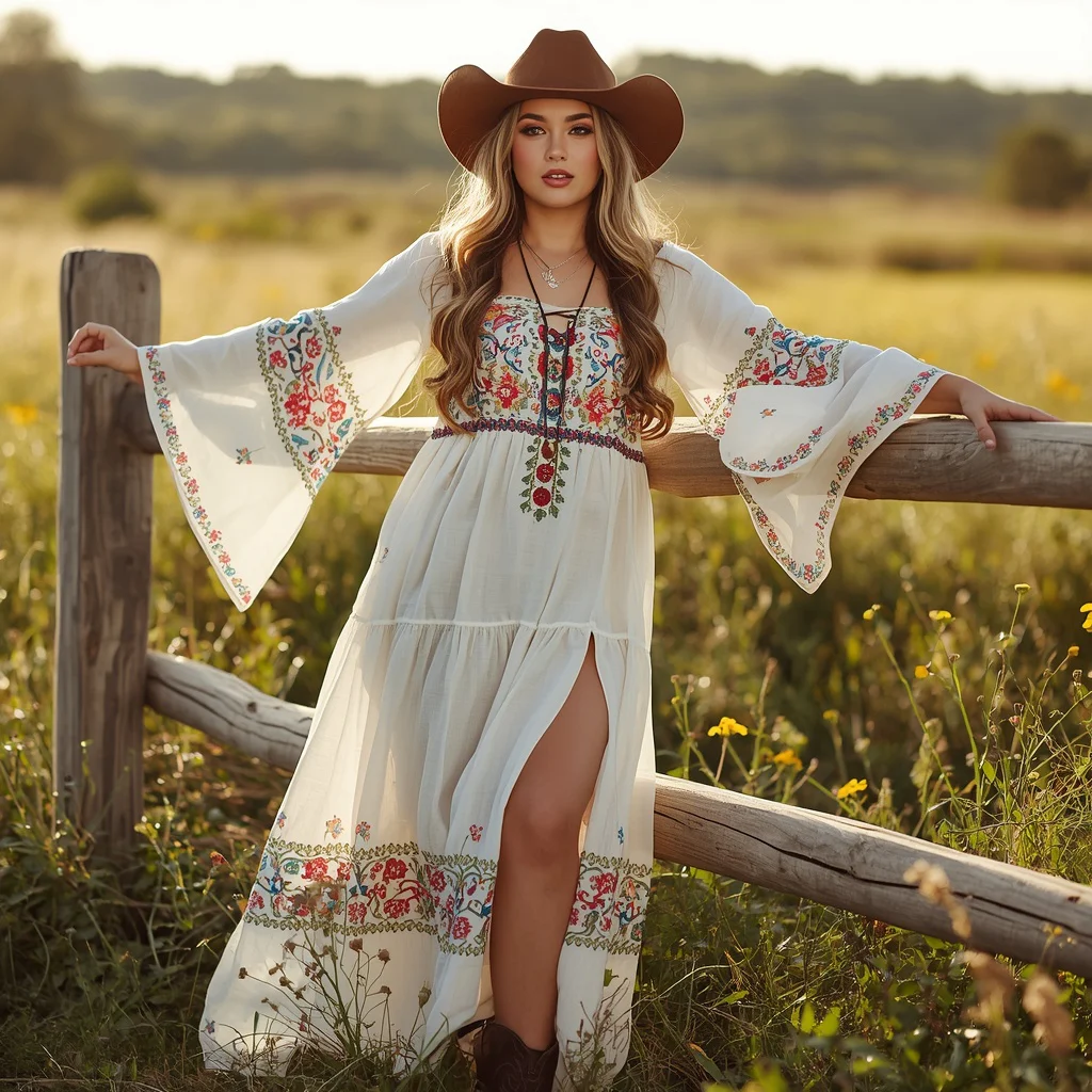 Western Themed Fashion: Boho Embroidered Maxi Dress with Cowboy Hat | Stylish prompt generator instagram