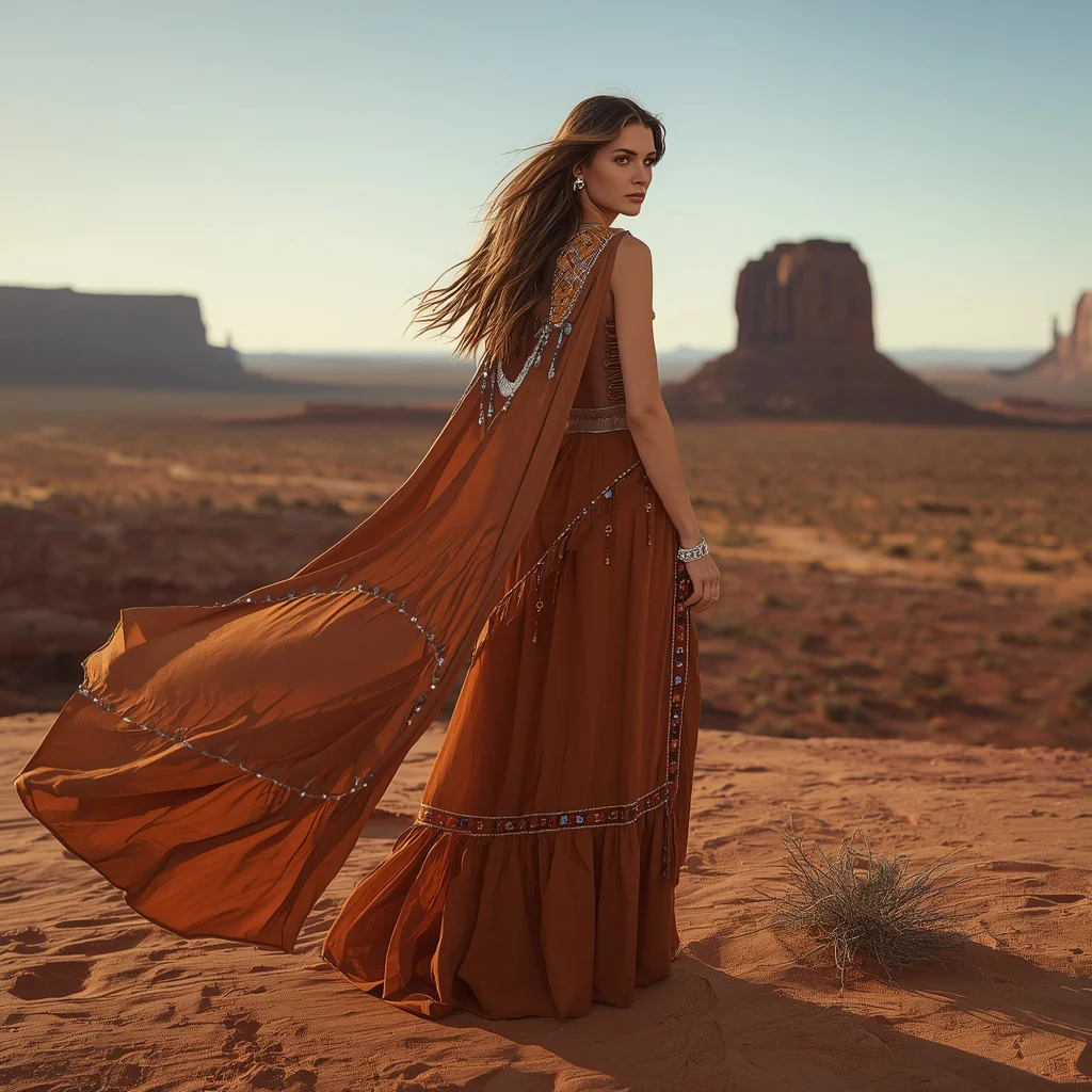 Western Themed Flowing Dress with Desert Landscape Background | ideogram ai prompt