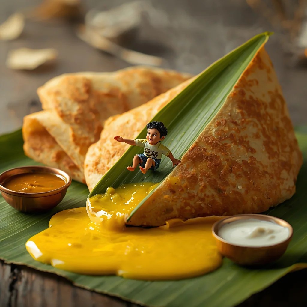 Whimsical Miniature Boy Sliding Down a Curry Leaf on Dosa | ai prompt examples