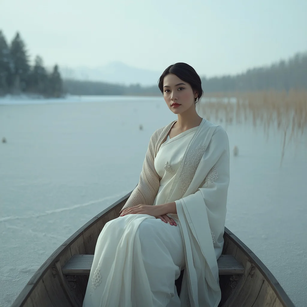 Winter Lake Solitude: White Saree and Frozen Lotus Buds | New prompt seen