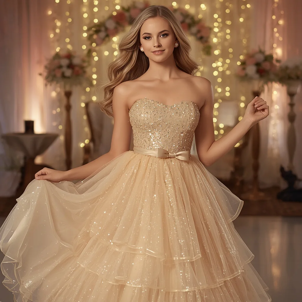 Youthful Prom Night: Shimmering Gold Tulle Ball Gown with Bow Accent | New Instagram trend prompt for girl