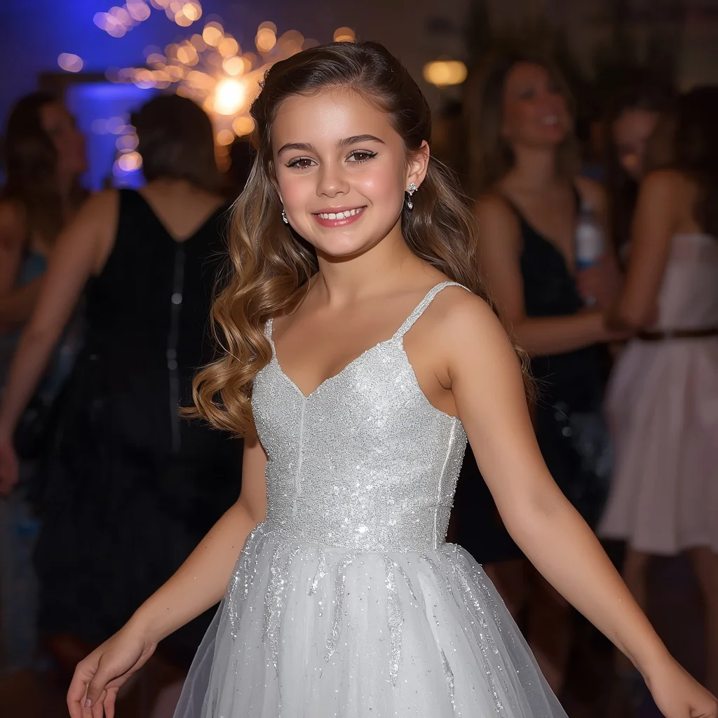 Youthful Sparkle: A Glittery A-Line Dress for a New Year’s Eve Party | ChatGPT photo editing prompts for girl